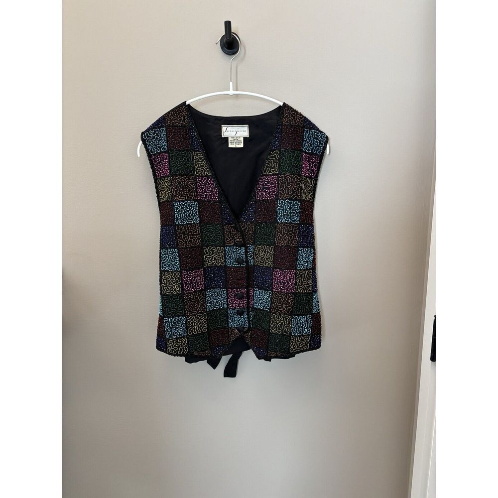 Spenser Jeremy Vintage Multicolor & Blk Beaded Sequin Embellished 100% Silk Vest - Picture 3 of 15